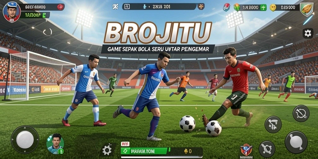 Screenshot utama BROJITU menampilkan aksi seru pertandingan sepak bola.