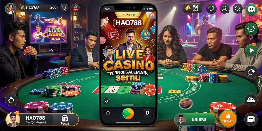 Screenshot menunjukkan dealer langsung yang melayani permainan kasino dengan tautan interaktif.