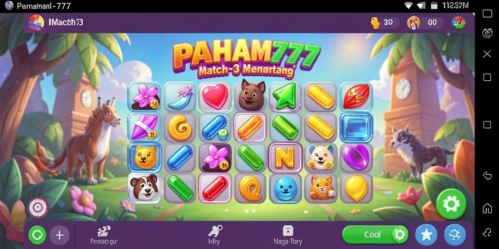 Screenshot menunjukkan gameplay seru dalam game match-3 PAHAM777.