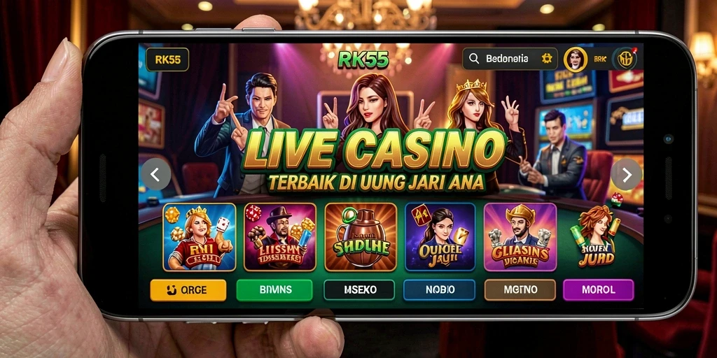 Screenshot gameplay RK55 menunjukkan dealer langsung yang berinteraksi dengan pemain.