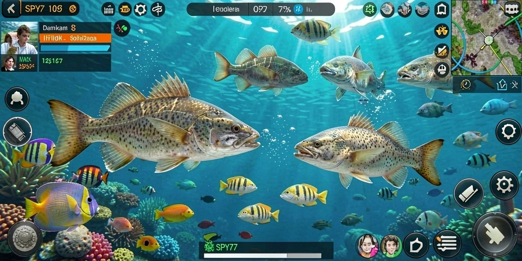 Screenshot gameplay SPY77 dengan aksi menembak ikan yang seru.