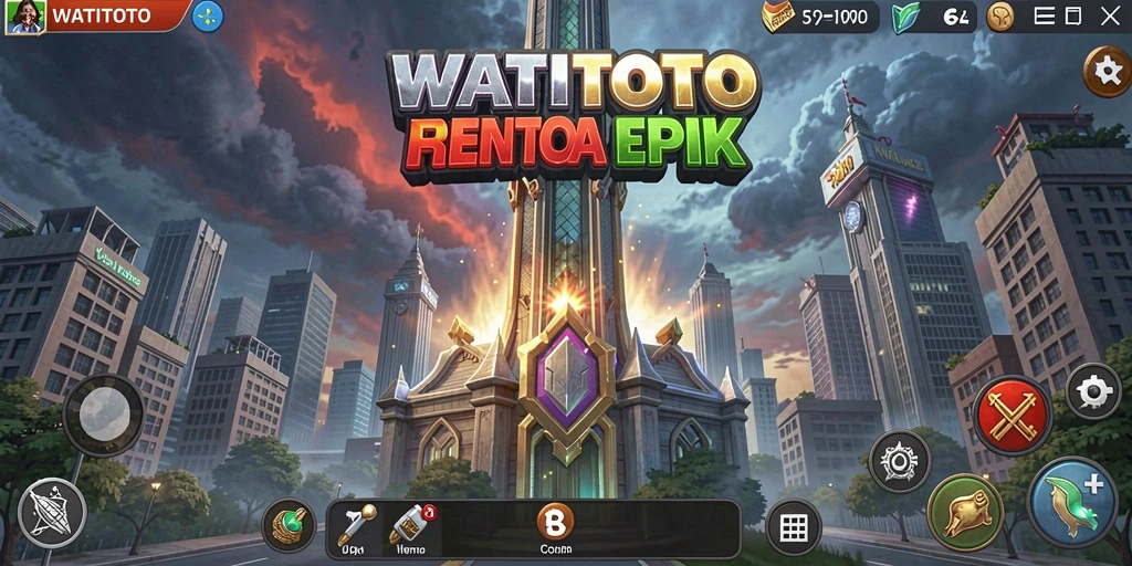 Tampilan gameplay WATITOTO dengan menara yang mempertahankan dunia dari serangan musuh.